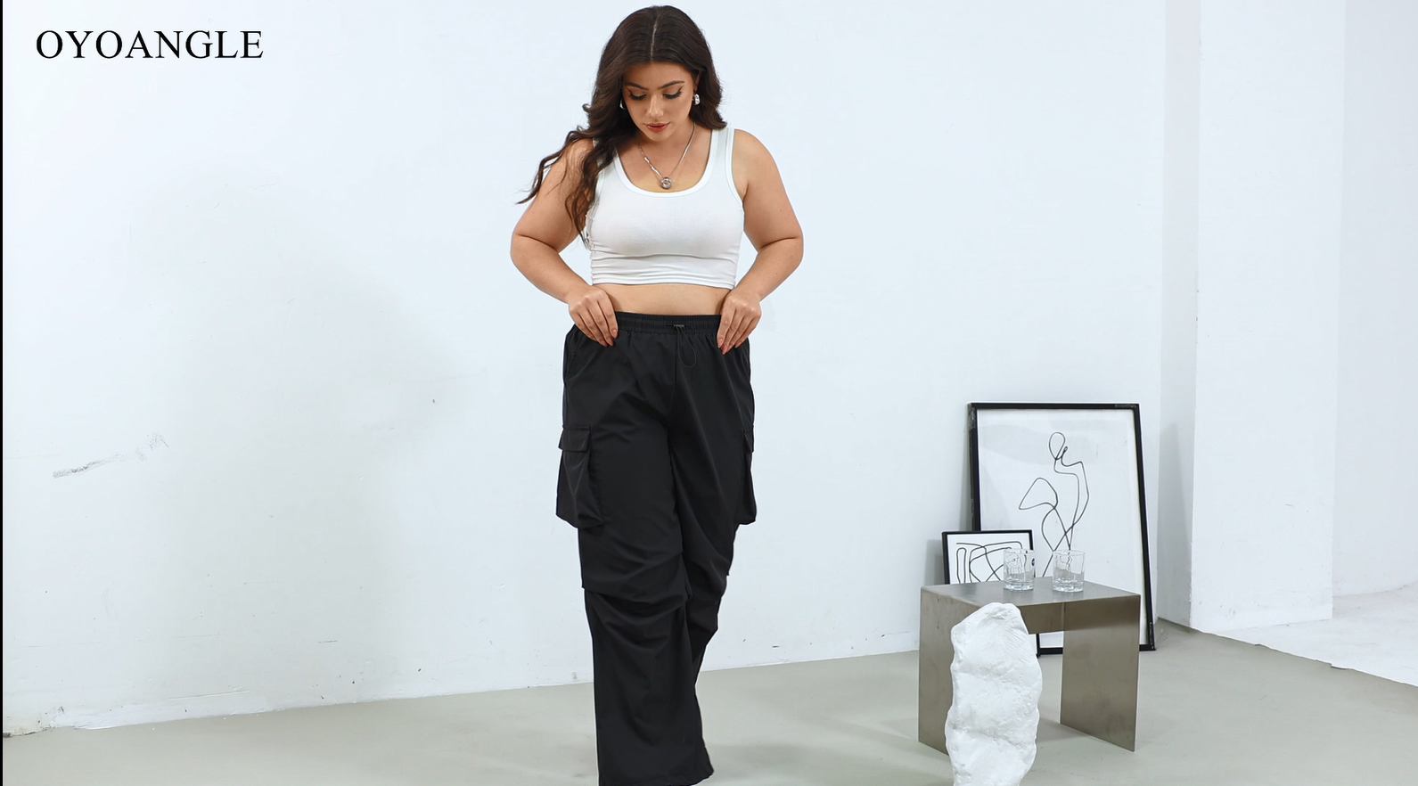 OYOANGLE Women's Plus Size Drawstring Waist Wide Leg Casual Cargo